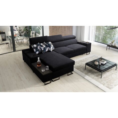 Luxuriöses, komfortables, modernes Ecksofa MELODY I MAXI mit Usb und Regal Sawana Schwarz Links
