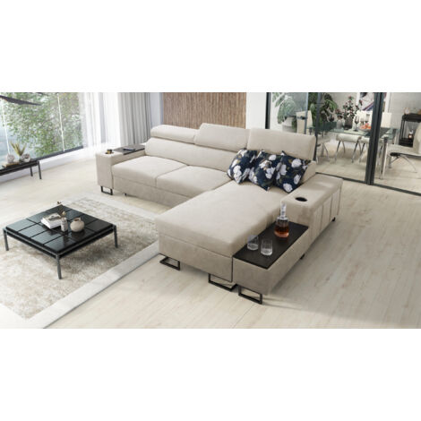 Luxuriöses, komfortables, modernes Ecksofa MELODY I MAXI mit Usb und Regal Tauro/Freya Beige Rechts