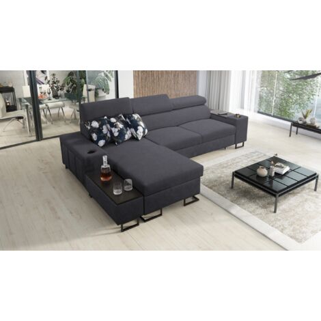 Luxuriöses, komfortables, modernes Ecksofa MELODY I MINI mit Usb und Regal Sawana Graphit Links