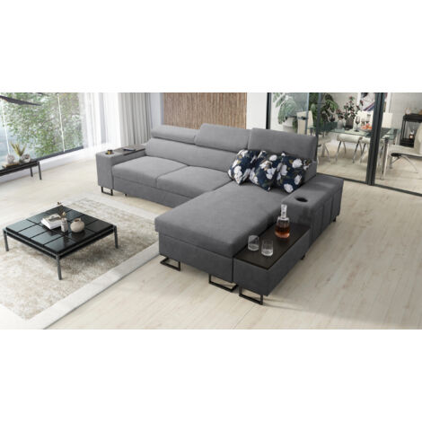 Luxuriöses, komfortables, modernes Ecksofa MELODY I MINI mit Usb und Regal Sawana Grau Rechts