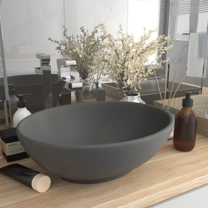 Luxury Basin Oval-shaped Matt Dark Grey 40x33 cm Ceramic - Grey
