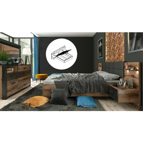 Luxury Euro 180cm Super King Storage Bed Bedsides LED Sideboard Oak Black Kassel - IF