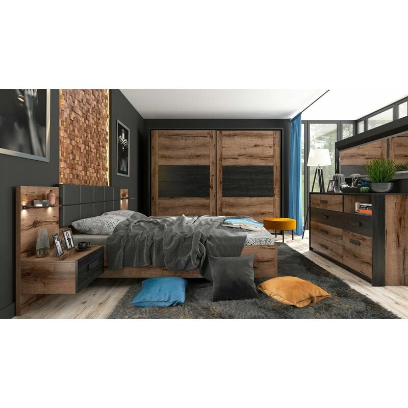 Luxury King Size Bedroom Furniture Set with Sliding Wardrobe usb Charger led Light Bed Frame Bedside Oak Black Kassel - Oak Finish / Black