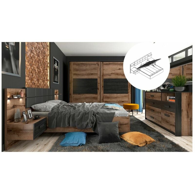 King Size Bedroom Furniture Set Luxury Storage Bed Sliding Wardrobe Bedside Units Oak Black usb Charger led Light Kassel - Oak Finish / Black