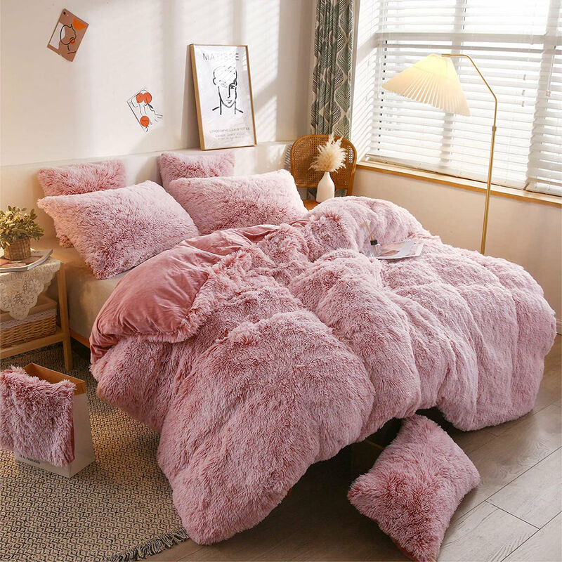 Luxury Faux Fur Shaggy Duvet Set - Pink King