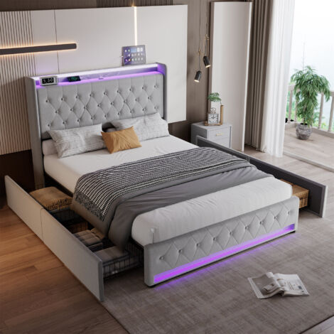Luxury Grey Velvet Double Storage Bed with Soft Backrest, LED Lights & Charging Socket - 135x190cm