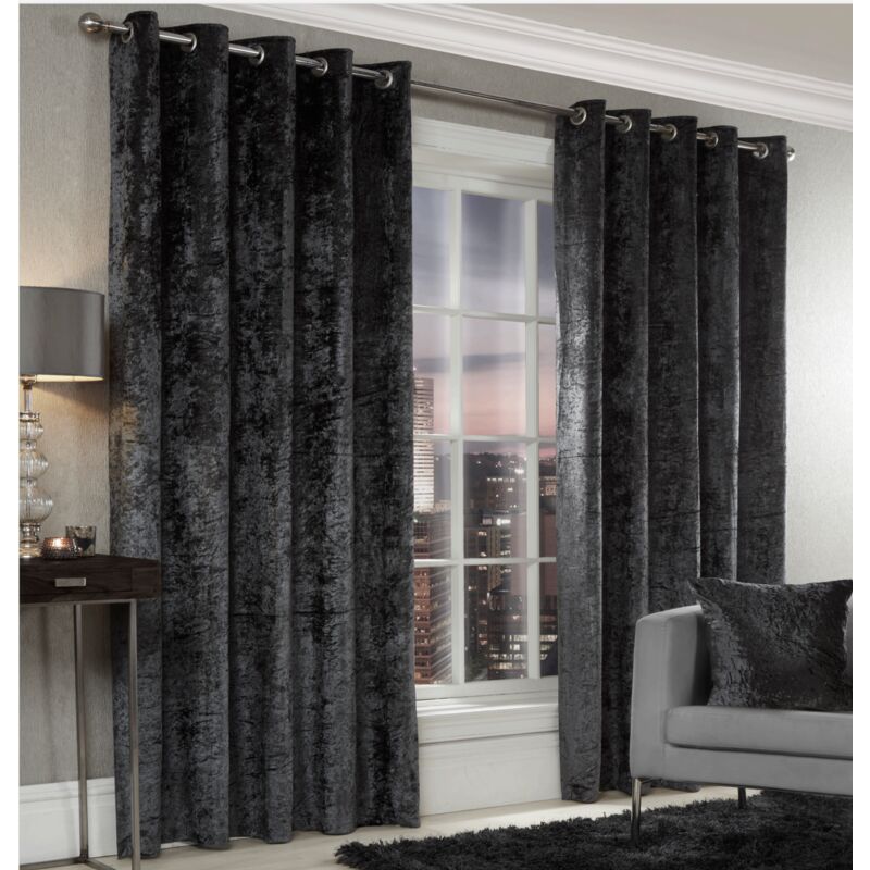 Luxury Modern Crushed Velvet Charcoal Fully Lined Ready Made Eyelet Ring Top Curtains 66x54'