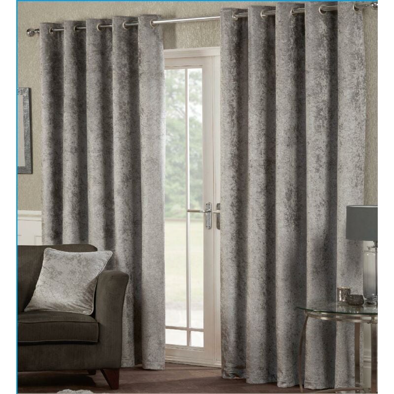 Luxury Modern Crushed Velvet Silver Fully Lined Ready Made Eyelet Ring Top Curtains 66x90'