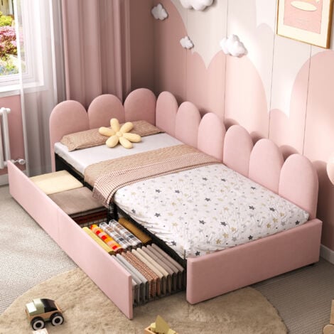 Luxury Pink Velvet Daybed - 2 Storage Drawers & Wood Slats  90x190cm  Multi-Room Use