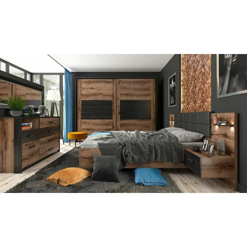 Luxury Super King Size Bedroom Furniture Set with Sliding Wardrobe Bed Frame led Lights Bedsides usb Oak Black Kassel - Oak Finish / Black