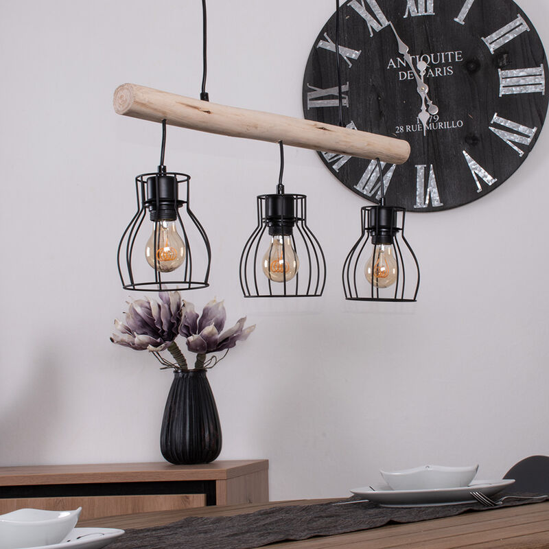 

Luz colgante de techo retro haz de madera salón comedor iluminación jaula focos lámpara de péndulo negro natural