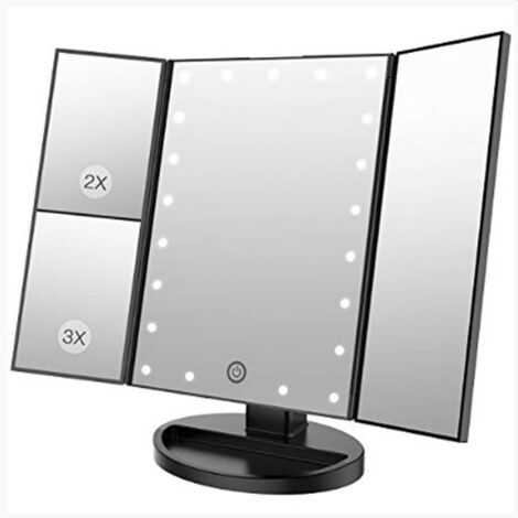 Luz de espejo de maquillaje con 22 LED, espejo de aumento triple 2X/3X Pantalla táctil ajustable Espejo de mesa con rotación de 90° para uso cosmético y diario