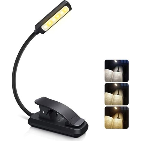 Luz de lectura LED, lámpara de lectura recargable 6 LED (blanco frío/amarillo cálido) 3 modos de brillo, luz de lectura de cuello flexible de 360° para libros en la cama, luz de libro con clip para vi