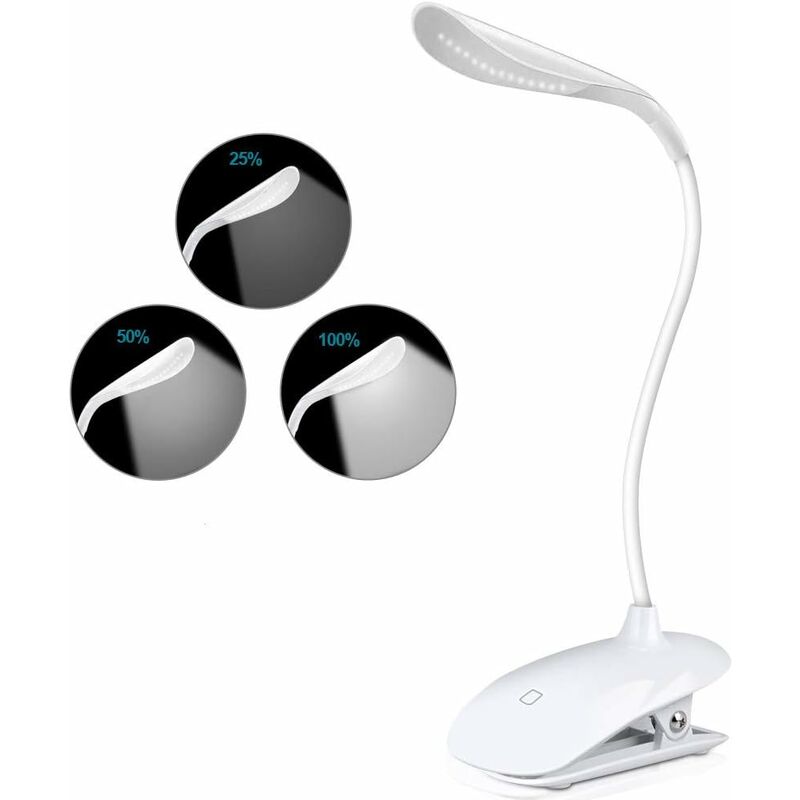 

Luz de lectura, omisión Lámpara de luz de lectura 14 LED 3 modos de brillo Cuello flexible de 360 ​​° Recargable con lámpara de clip de cable USB