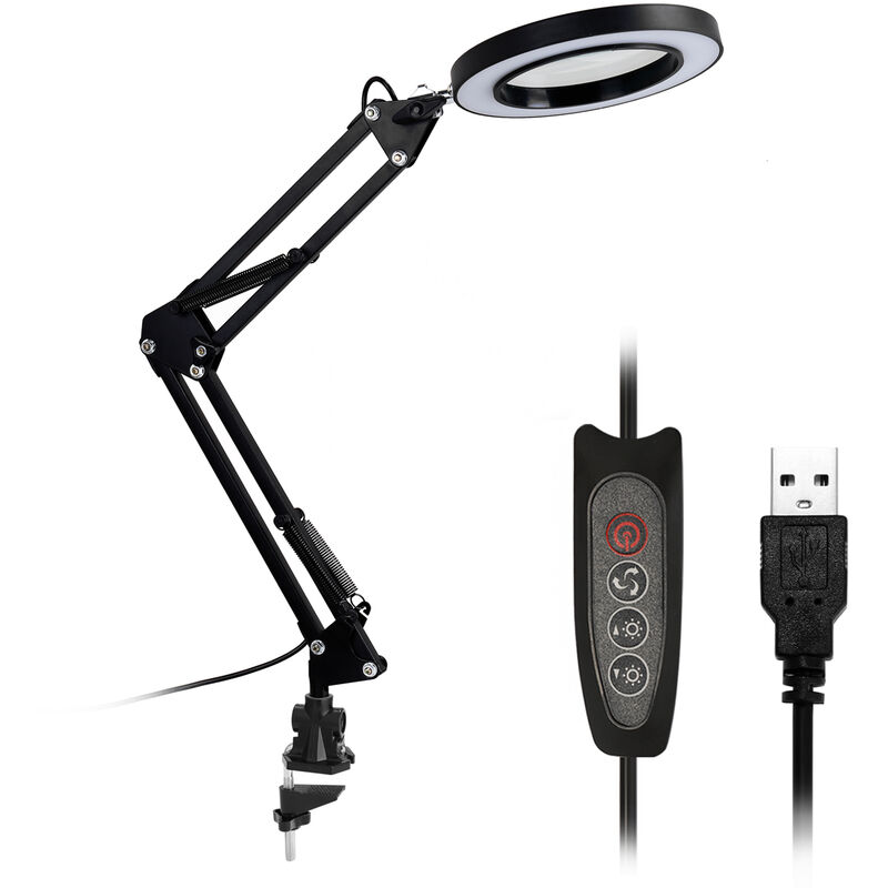 

Happyshopping - Luz de luz LED lampara de escritorio Lupa Lupa plegable de 10 niveles de regulacion 5 veces de aumento de potencia USB negro Clip