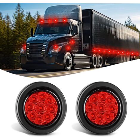 Luz de marcador redonda de 2 pulgadas, 2 unidades, luces indicadoras LED rojas de 9 LED, montaje empotrado con enchufe, ojal, coleta, cableado para camiones de 12 V, remolque, tractor,
