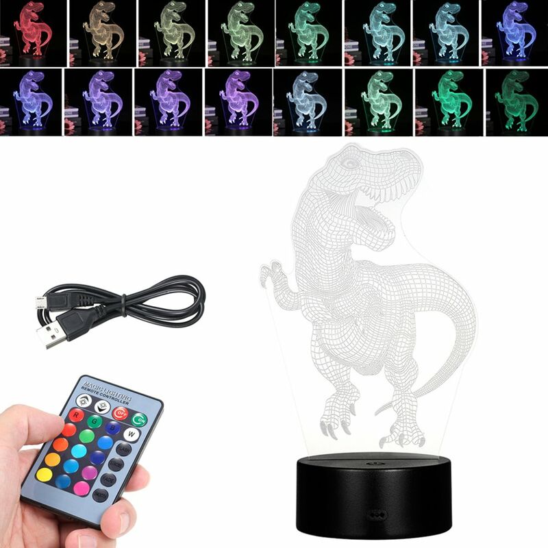 

Lampara de ilusion de luz nocturna LED 3D Patron de dinosaurio Luces que cambian de color Lampara de escritorio de mesita de noche con control tactil