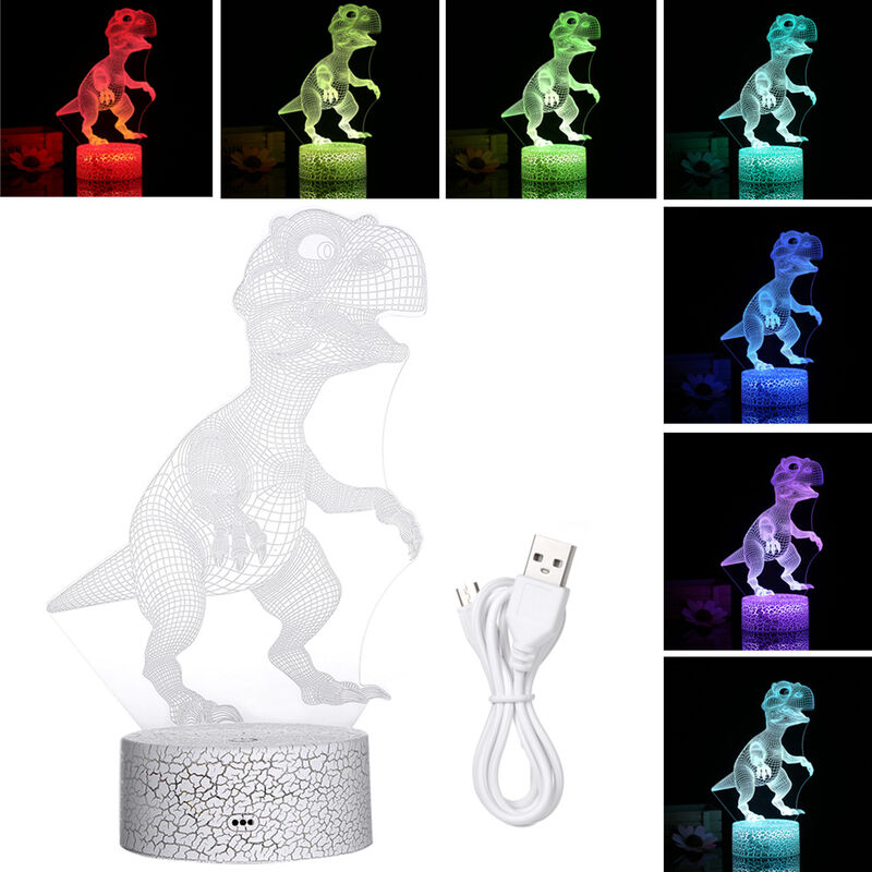 

Luz de noche de dinosaurio 3D Lampara de ilusion LED 3D 3/7 luces cambiantes de colores Lampara de escritorio de mesita de noche con control tactil