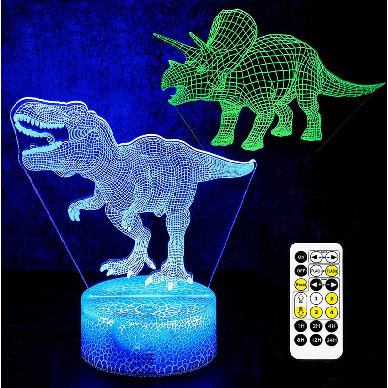 

Luz de noche de dinosaurio, juguetes de dinosaurio 3D, 7 colores, control remoto de sincronización, base agrietada, USB, con pilas, 2 piezas