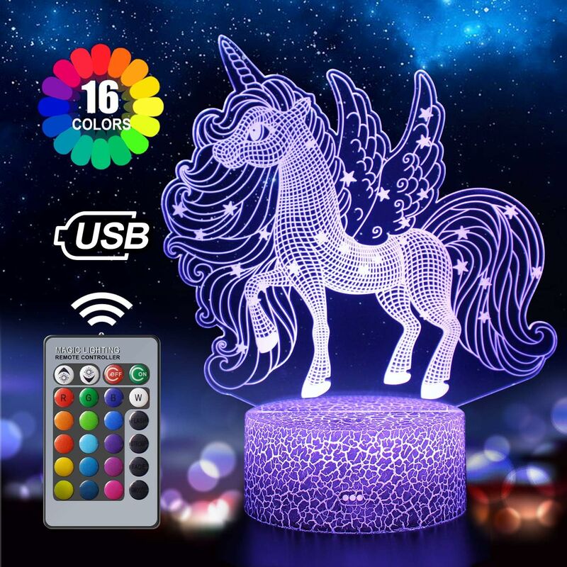 

Luz de noche de unicornio para niños y bebés, lámpara de ilusión 3D recargable, 16 colores cambiantes con control remoto, regalo de cumpleaños y