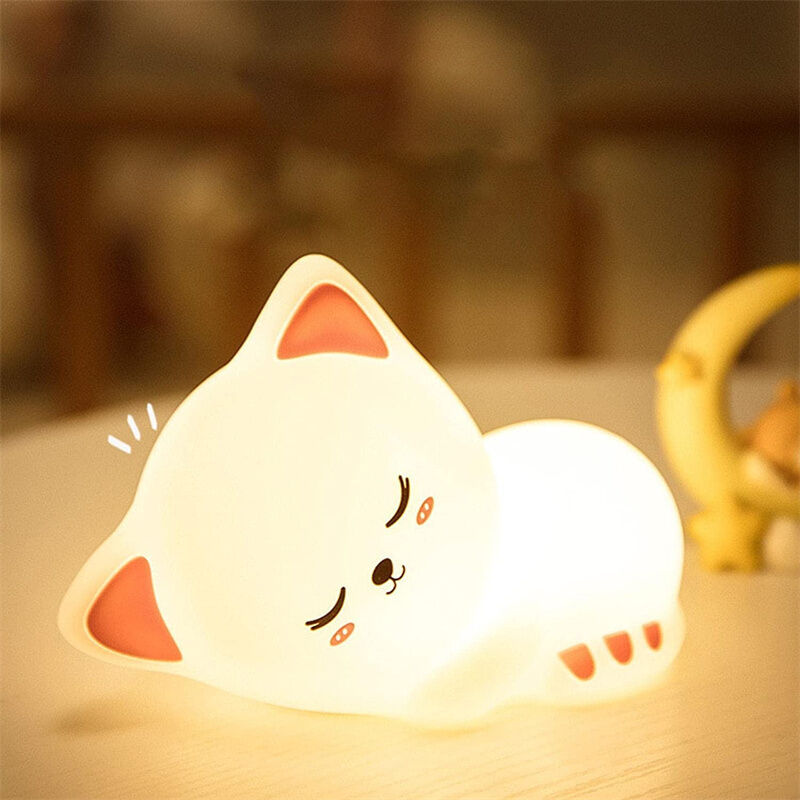 Luz de noche infantil con forma de gato durmiendo, luz de noche de silicona, lámpara LED, decoración de habitación, regalo para niños pequeños,