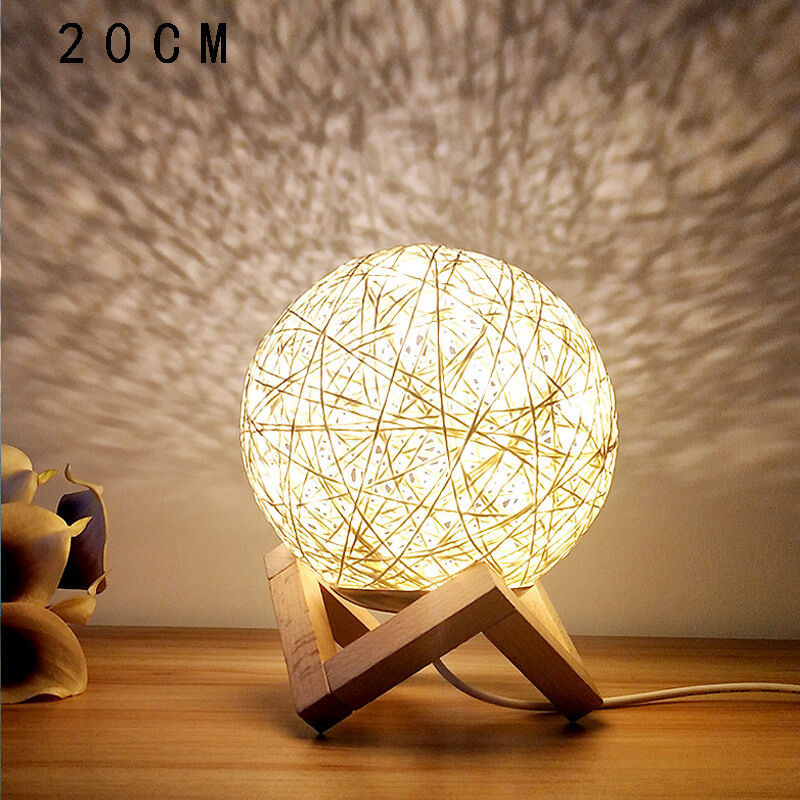 

Luz de noche LED, lámpara de noche, lámpara de ambiente de dormitorio de ratán y madera, recargable por USB, 20 cm