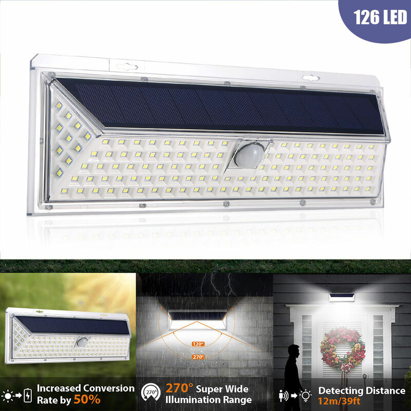 

Luz de pared de 126 bombillas LED, sensor de movimiento PIR IP65 con energia solar, rango de iluminacion de 270 °,1pieza