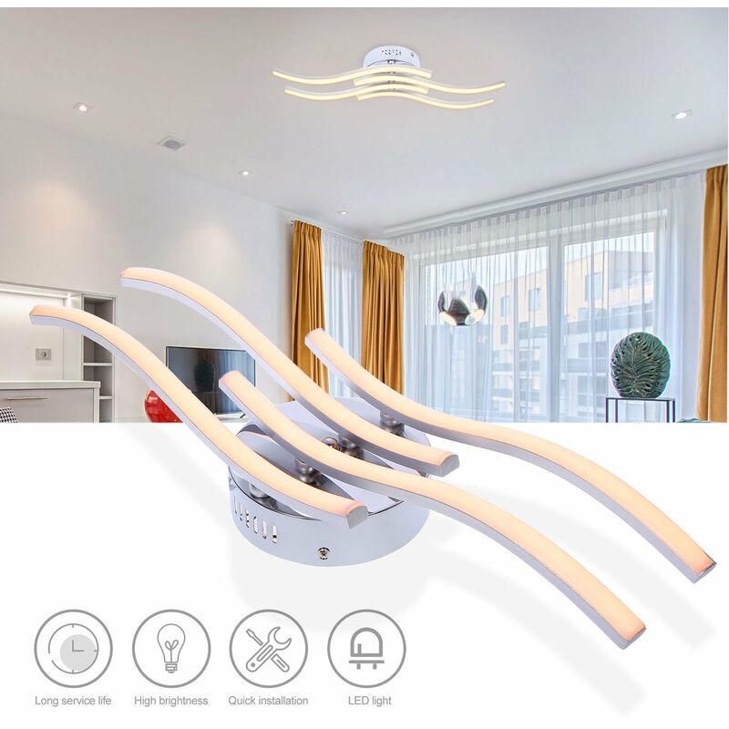 

Luz de techo de aluminio blanca calida de 24 W con luz ondulada L-ED de 4 ramas, para lampara de decoracion de sala de estar de dormitorio