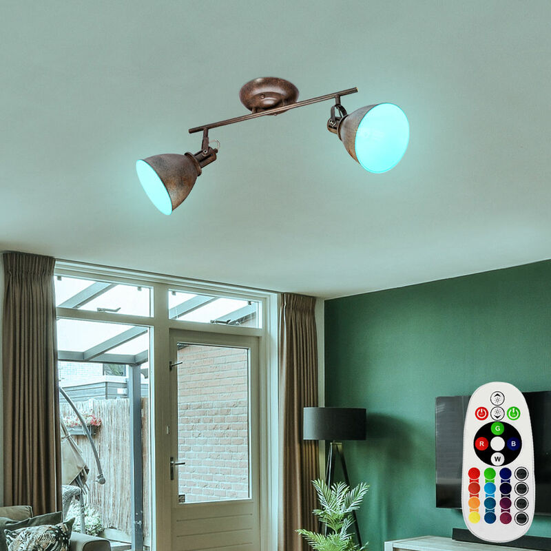 

Lámpara de techo, foco giratorio, mando a distancia de color óxido en un set que incluye lámparas LED RGB