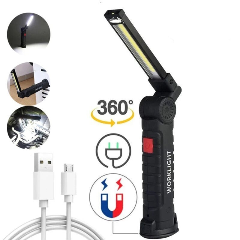 Luz de trabajo LED - Recargable por USB - 3W - Giratoria 360° - LED COB - Magnética - Linterna - Negra