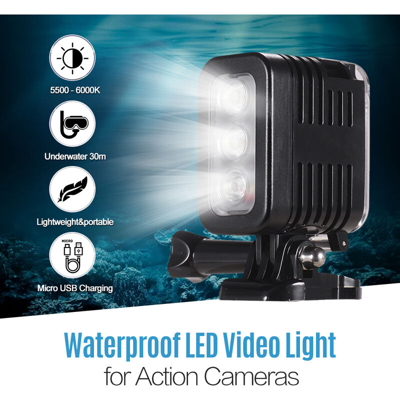 

Luz de video LED a prueba de agua Luz de buceo 5500-6000K 300Lux Submarino 30m Carga micro USB de gran angular para GoPro Hero 7 6 5 4 3+ 3 Session y