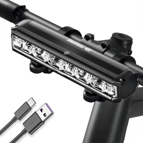Luz delantera de aluminio para bicicleta de 1800 lúmenes, 5 modos con luz de advertencia diurna, resistente al agua IP65, recargable por USB-C, soportes metálicos dobles,
