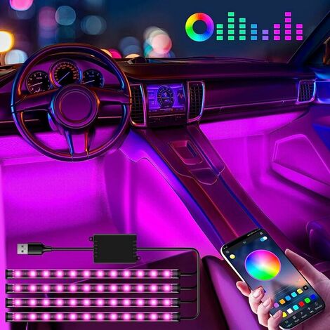Luz interior del coche, lámpara interior del coche led interior del coche, barra de luces led del coche, luz de ambiente del coche multicolor 48LED con control de aplicación y puerto USB