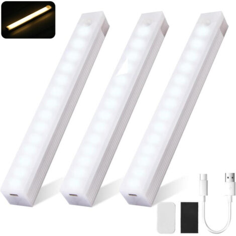 Luz LED con detector de movimiento, recargable por USB-C, magnética, para armarios, escaleras y cocinas, paquete de 3, 30 cm, luz cálida.