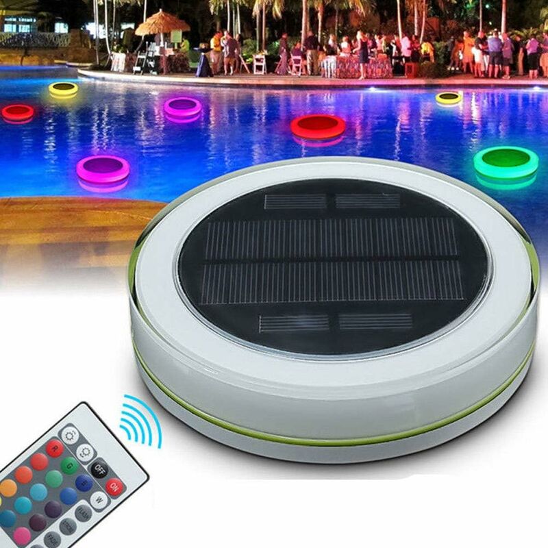 

Luz LED flotante para piscina con luz redonda impermeable. Control remoto de cambio de color con energía solar para uso en interiores y exteriores