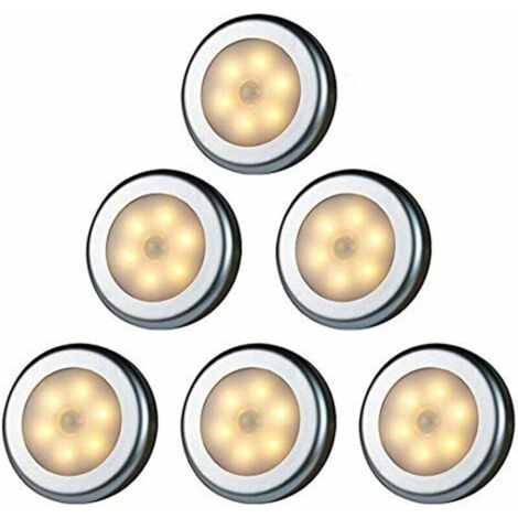 Luz LED inalámbrica con sensor de movimiento para armario, escaleras, pasillo, cocina, dormitorio (6 piezas) (carcasa plateada (luz cálida))