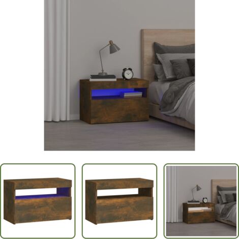 Luz led -  Mesita de noche con luces LED color roble ahumado 60x35x40 cm