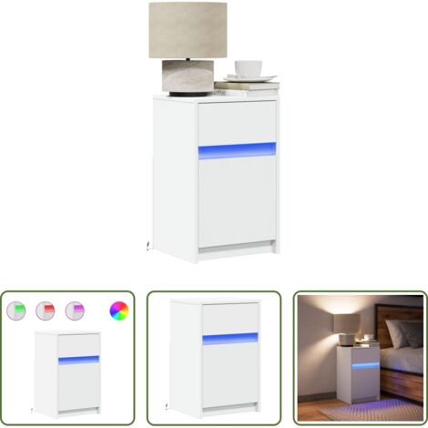 Luz led -  Mesita de noche con luces LED madera de ingeniería blanca