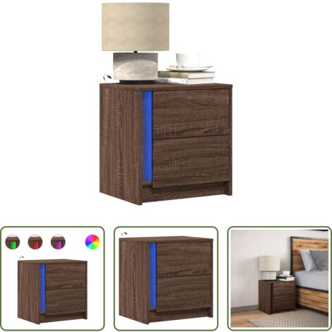 Luz led -  Mesita de noche con luces LED madera de ingeniería roble marrón