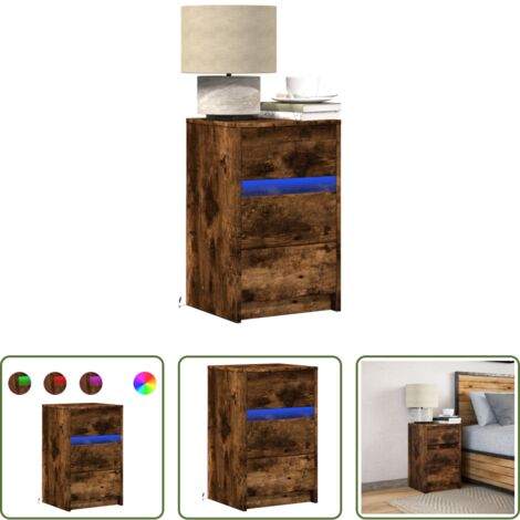 Luz led -  Mesita de noche con luces LED madera ingeniería roble ahumado