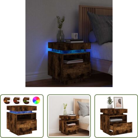 Luz led -  Mesita de noche con luces LED roble ahumado 40x39x48,5 cm