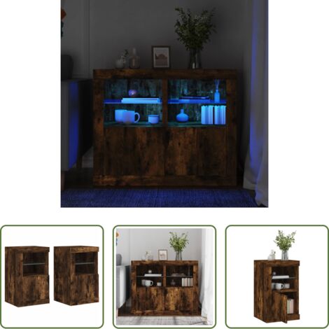 Luz led -  Mesita de noche luces LED 2 uds madera ingeniería roble ahumado