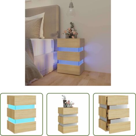 Luz LED -  Mesita de noche luz LED madera de ingeniería Sonoma 45x35x67 cm