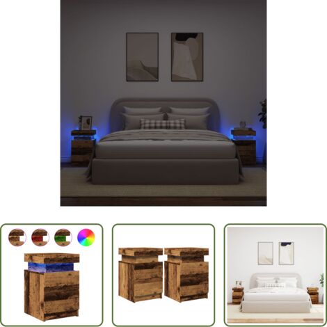 Luz led -  Mesitas de noche con LED 2 uds madera envejecida 35x39x55 cm