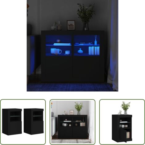 Luz led -  Mesitas de noche con luces LED 2 uds madera ingeniería negra
