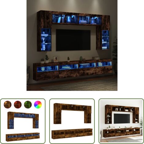 Luz led -  Muebles de TV de pared con luces LED 8 piezas roble ahumado