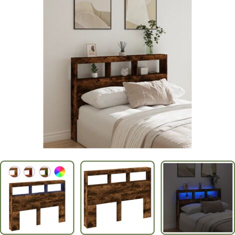 Luz led rgb -  Cabecero de cama con luz LED roble ahumado 140x17x102 cm