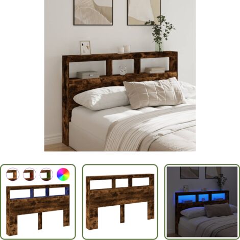Luz led rgb -  Cabecero de cama con luz LED roble ahumado 160x17x102 cm