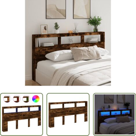 Luz led rgb -  Cabecero de cama con luz LED roble ahumado 200x17x102 cm