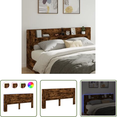 Luz led rgb -  Cabecero de cama con luz LED roble ahumado 220x16,5x103,5 cm